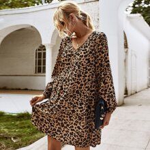 Half Button Leopard Print Smock Dress | SHEIN
