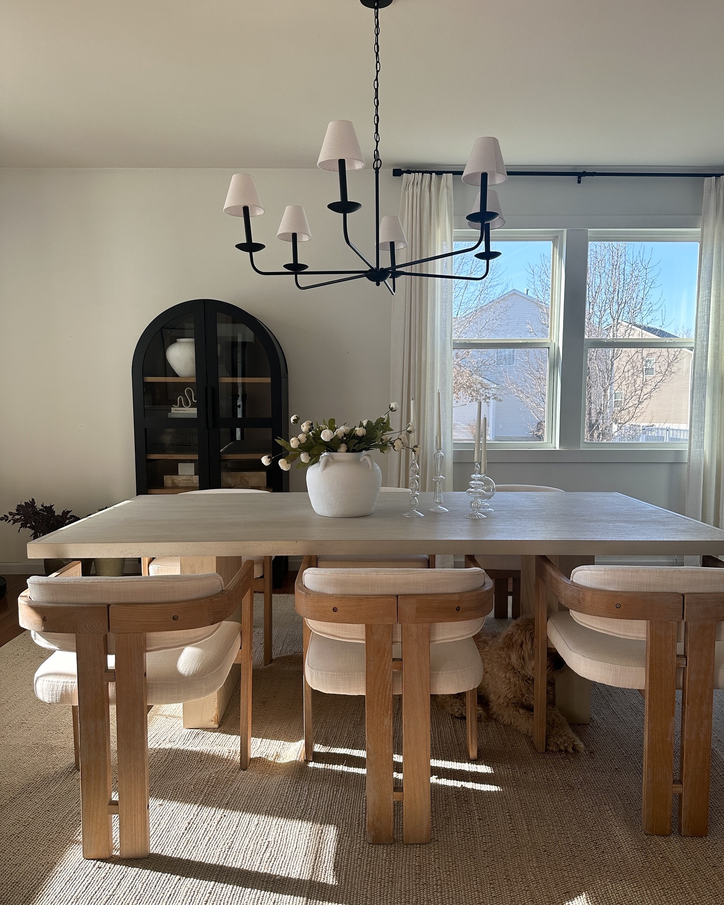 Dining room and primary bedroom views. Olive green quilt, modern dining chair, pinch pleat curtains 

#LTKHome