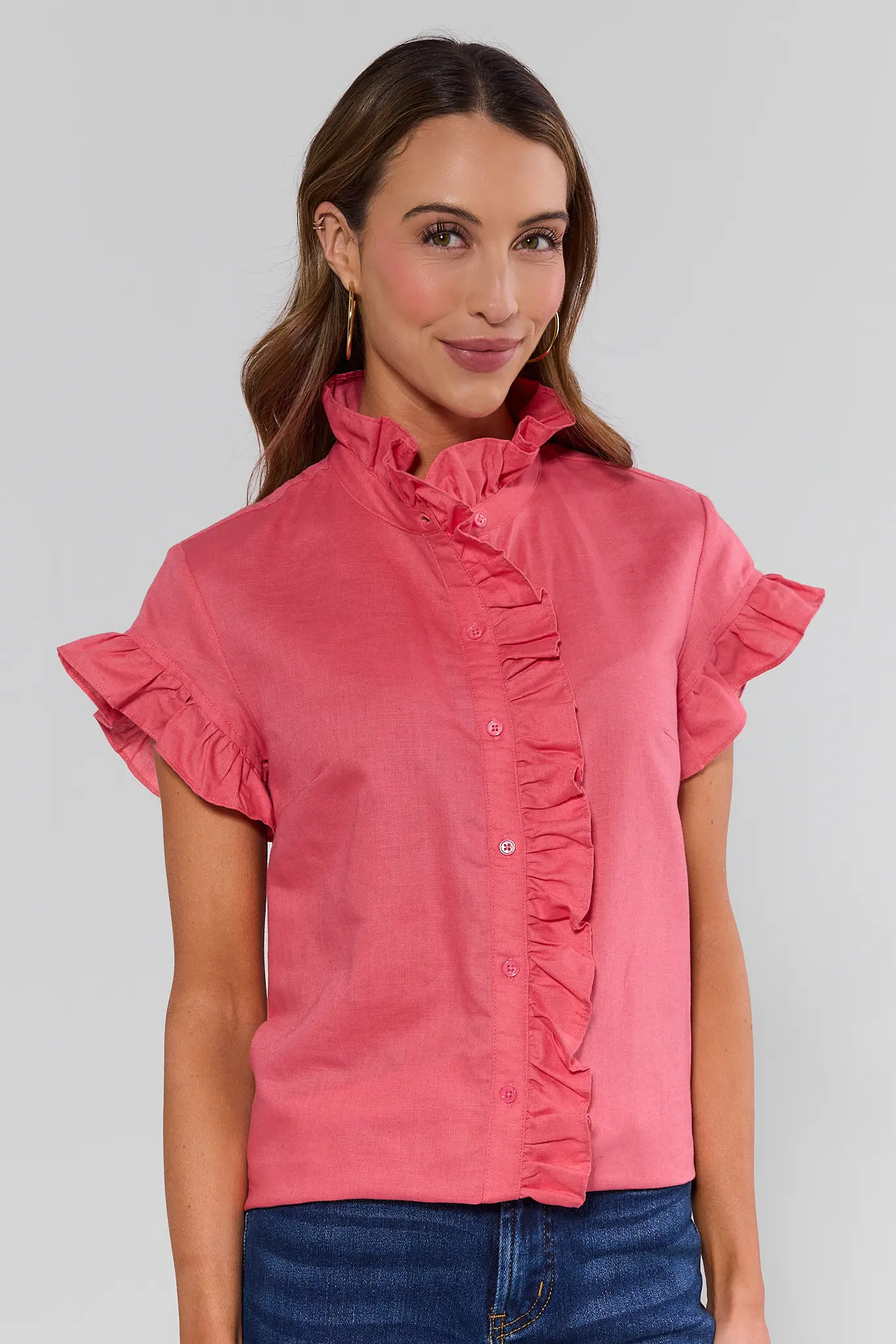Maria Pink Ruffle Button Up Top | Avara