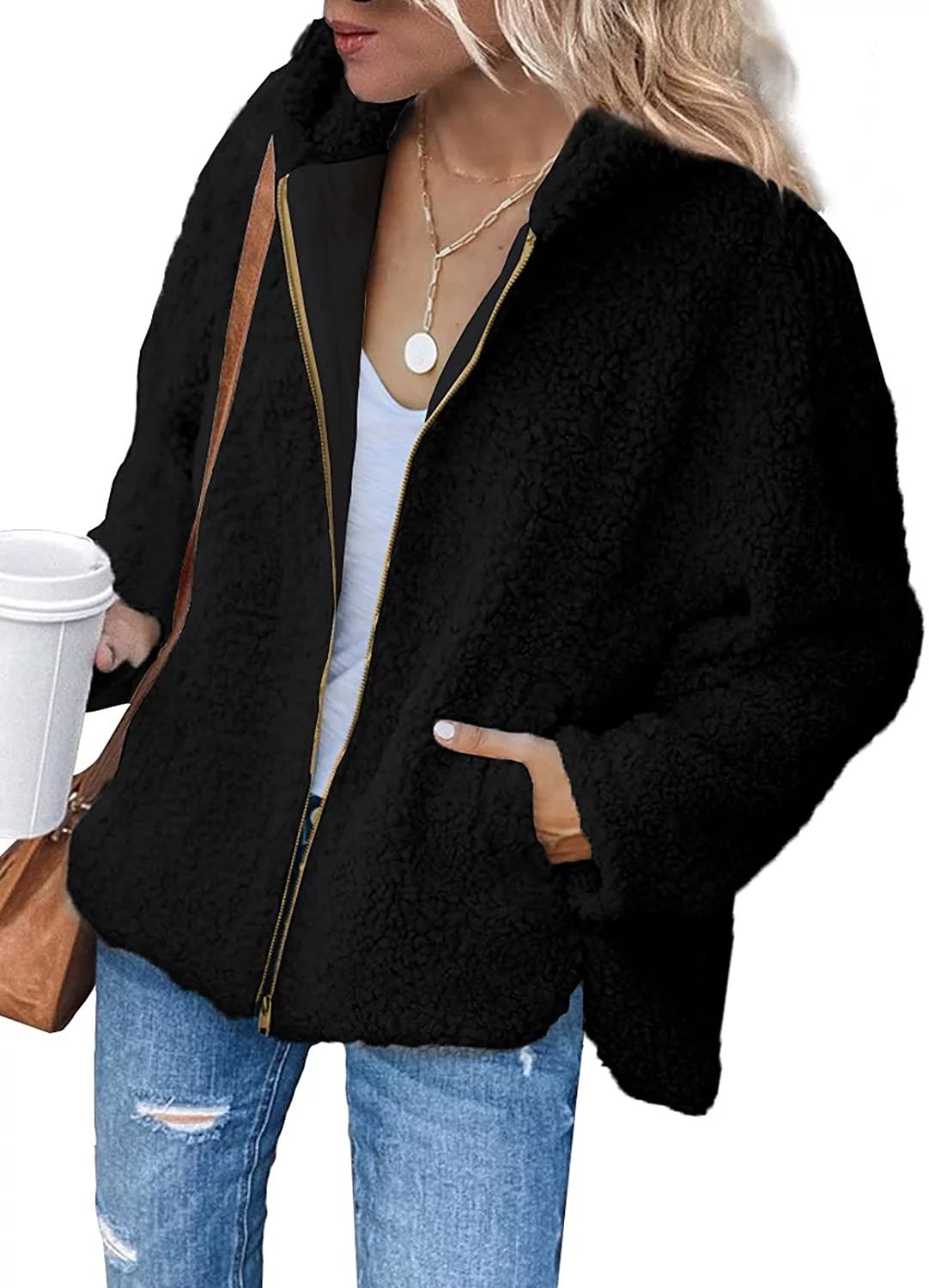 Dokotoo Women's Black Solid Color Long Sleeve Zip Up Fuzzy Sherpa Jacket Coat Fall Winter Warm Fl... | Walmart (US)