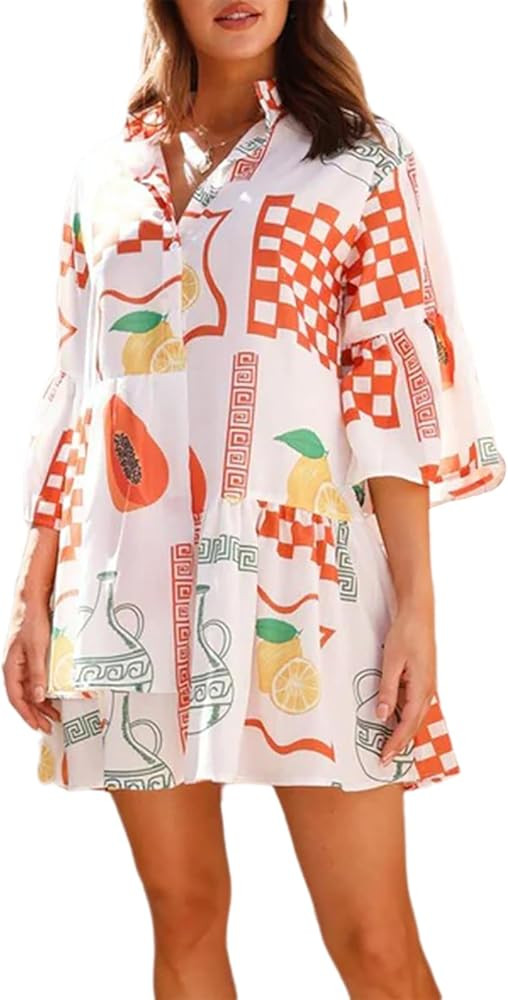 Womens Summer Ruffle Short Sleeve Sundress V Neck Casual Loose Flowy Swing Mini Dress | Amazon (US)