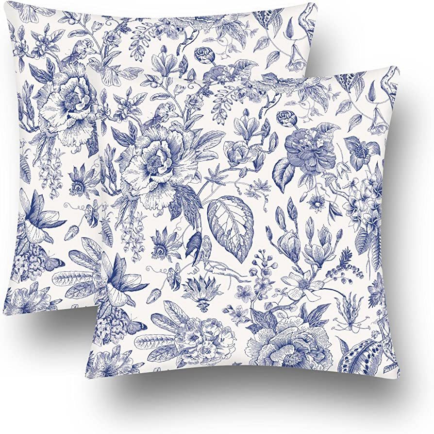 Blue and White Floral Throw Pillow Covers Set of 2 Elegant Porcelain Flower Decoration Cushion Co... | Amazon (US)