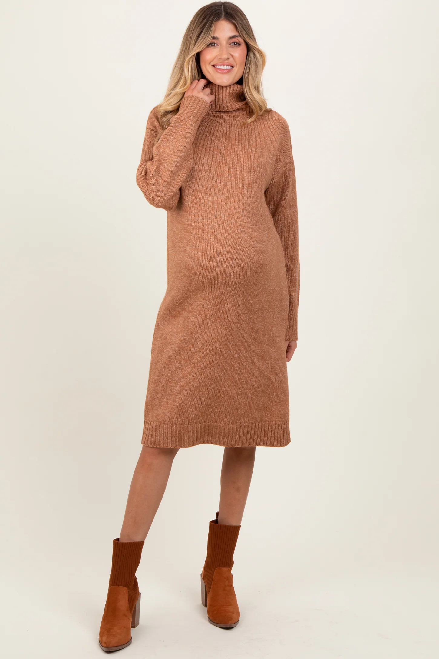 Camel Turtleneck Side Slit Maternity Midi Sweater Dress | PinkBlush Maternity