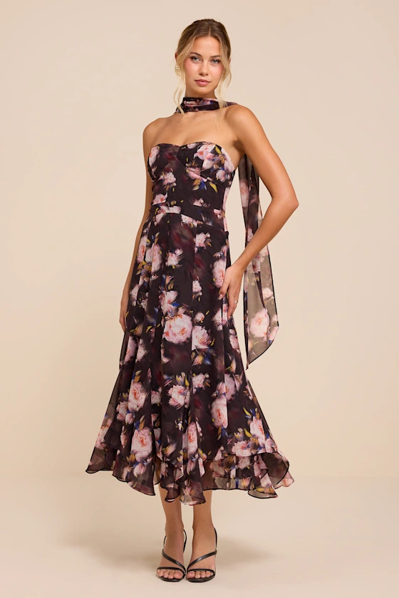 Lucien Black Floral Strapless Midi Dress & Scarf Set | Lulus