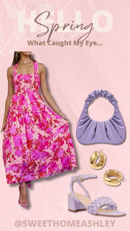 Beautiful Mother’s Day outfit! Love this floral maxi dress paired with lavender heels and purple bag plus chunky gold hoops. 

#LTKunder50 #LTKFind #LTKSeasonal
