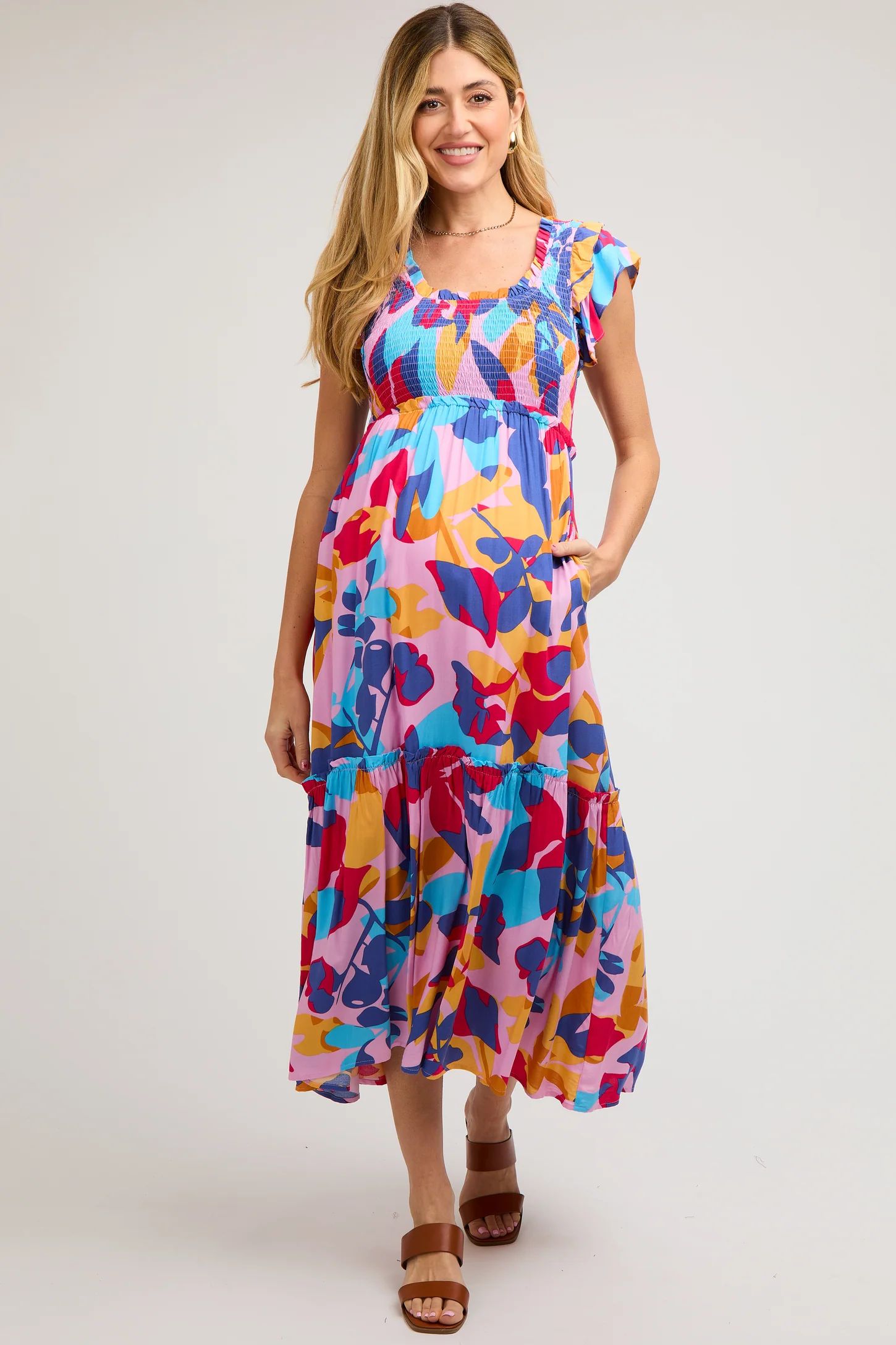 Multi-Color Smocked Ruffle Maternity Midi Dress | PinkBlush Maternity