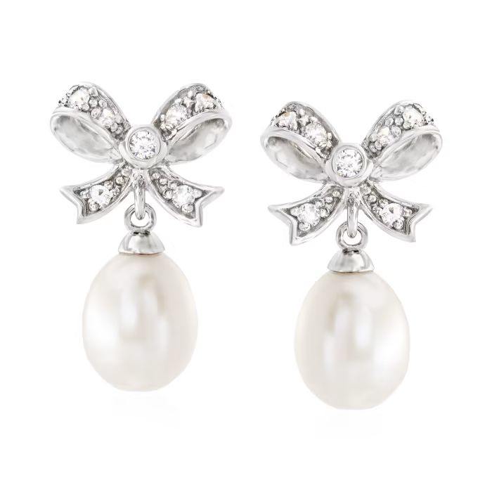 8-9mm Cultured Pearl and .30 ct. t.w. White Topaz Bow Drop Earrings in Sterling Silver | Ross-Simons