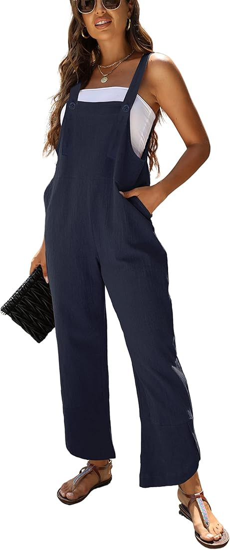 QIBABU Baggy Cotton Linen Overalls for Women Straps Wide Leg Bib Pants Romper Jumpsuits with Pock... | Amazon (US)