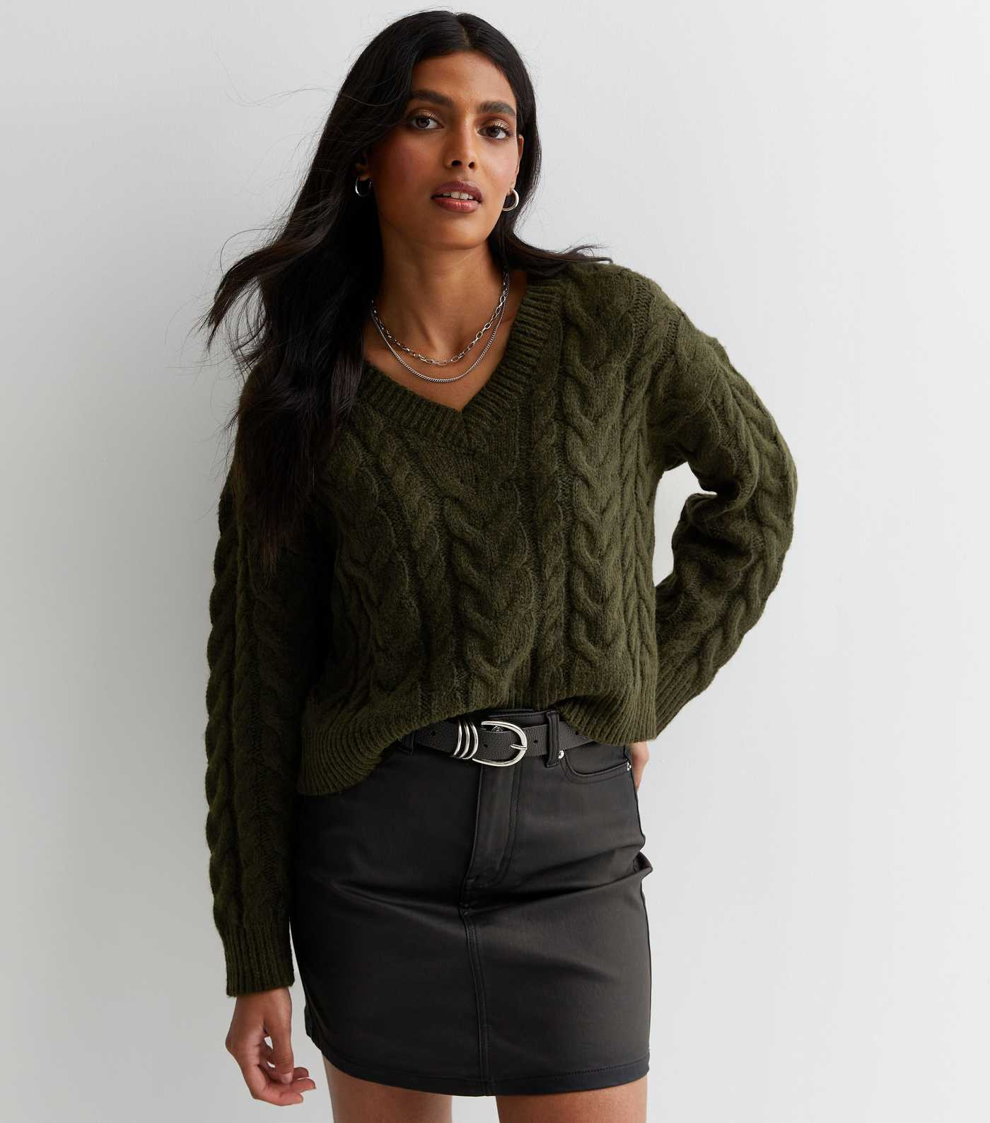 Khaki Cable Knit V Neck Jumper
						
						Add to Saved Items
						Remove from Saved Items | New Look (UK)