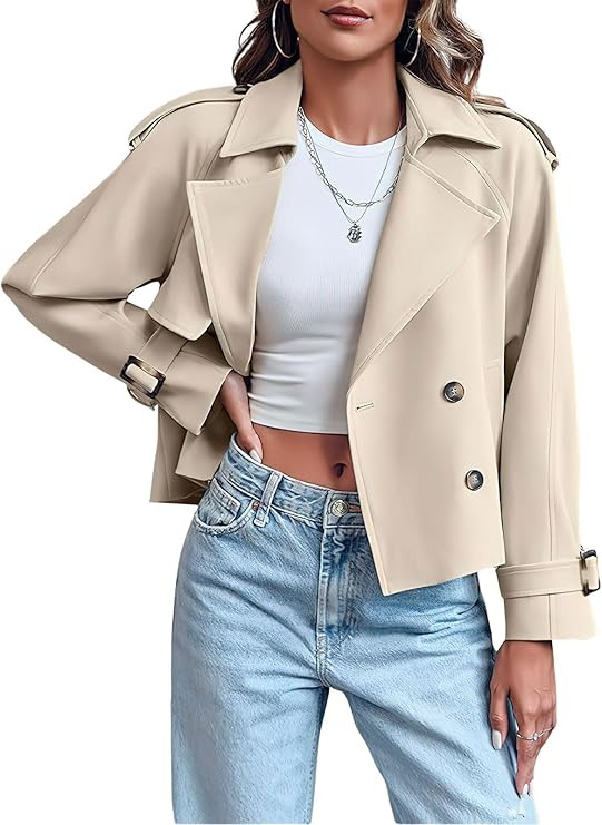 Women's Double Breasted Short Duster Trench Coat Lapel Loose Windproof Cropped Jacket Coat with P... | Amazon (US)