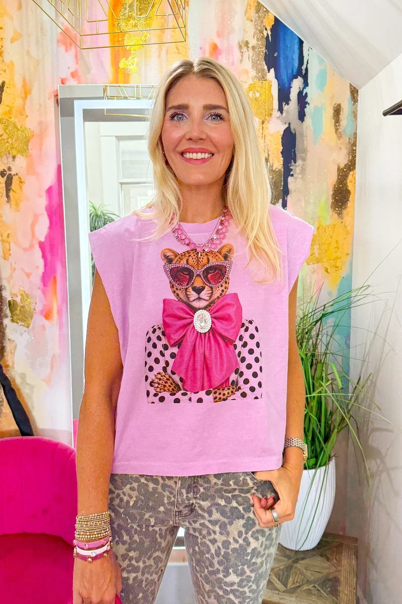 Pink Bow Cheetah Muscle Tee - Faded Powder Pink | Southern Roots