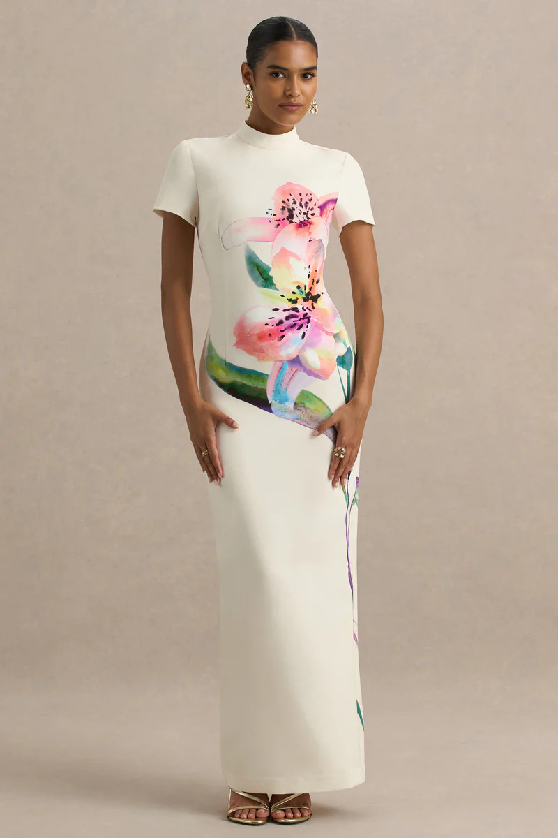 Hessie  White Lily Print High-Neck Maxi Dress | Club L London