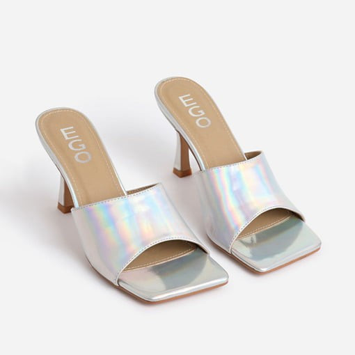 Hilton Square Peep Toe Kitten Heel Mule In Silver Holographic Faux Leather | EGO Shoes (US & Canada)
