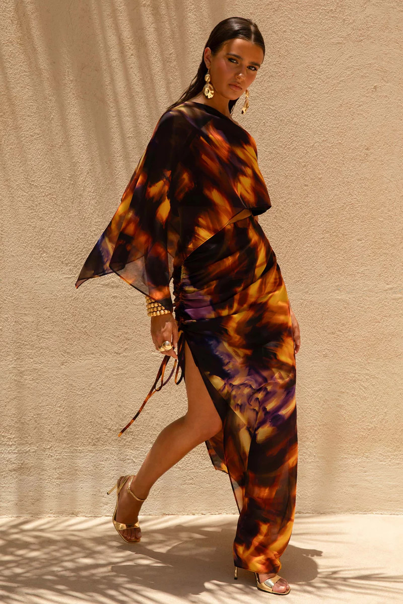 Nadine | Smoke Print Asymmetric Maxi Skirt With Split | Club L London