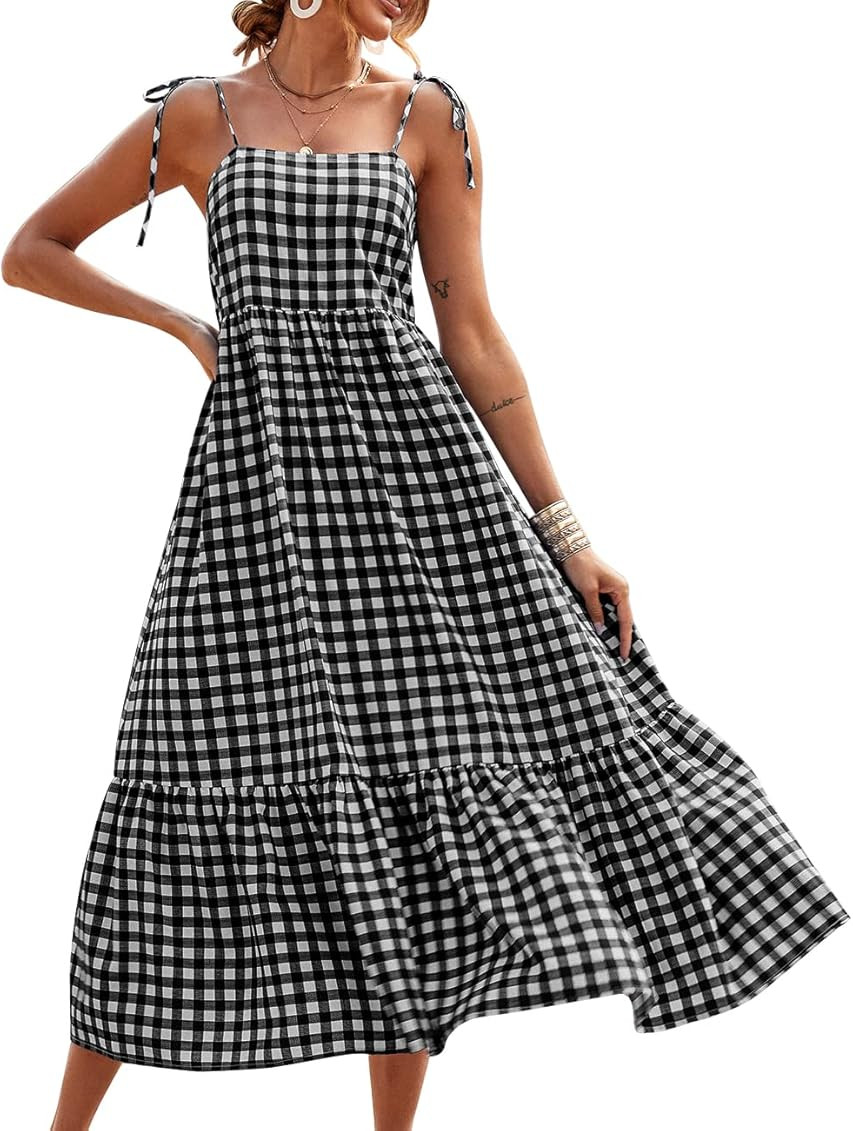 PRETTYGARDEN Summer Dress for Women Plaid Spaghetti Strap Square Neck Tiered Ruffle Flowy Maxi Dress | Amazon (US)
