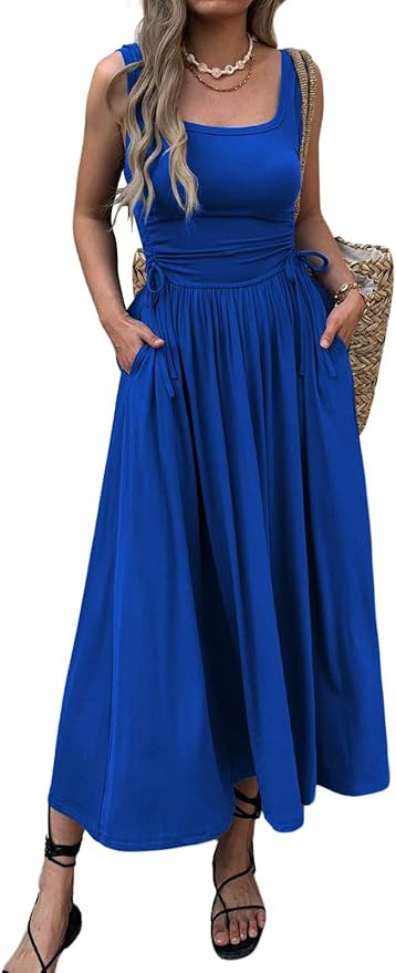 Mieazom Women’s Boho Summer Maxi Dress with Pockets, Adjustable Waist, Sleeveless Casual Ruched... | Amazon (US)