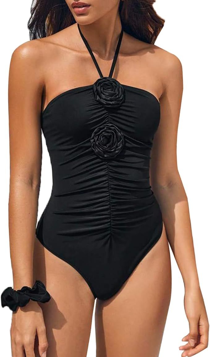 HYTENSUN Women's Ruched One Piece Swimsuit 3D Flower Halter Tie Back Floral Swimwear Bathing Suit... | Amazon (US)