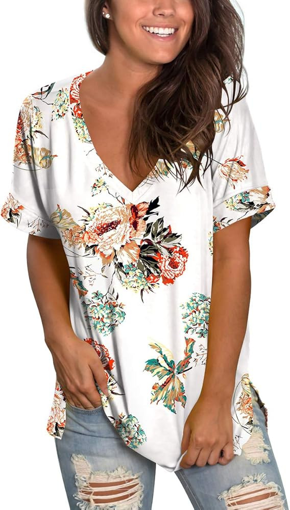 SAMPEEL Womens Floral Tops Short Sleeve V Neck Tee T Shirt Printed Side Split Tunic | Amazon (US)