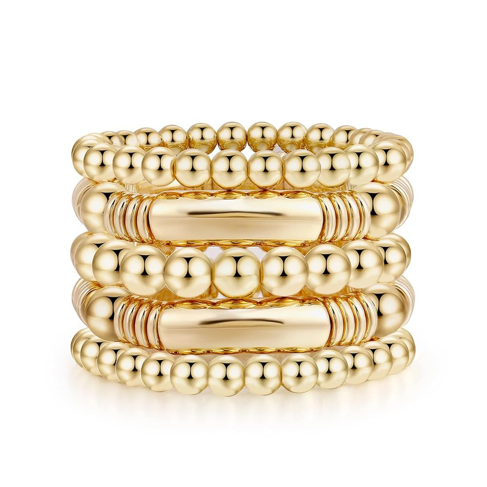 14K Gold Plated Bangles Bracelet for Women Chunky Curved Stacking Plated Bead Ball Stretchable Br... | Amazon (US)