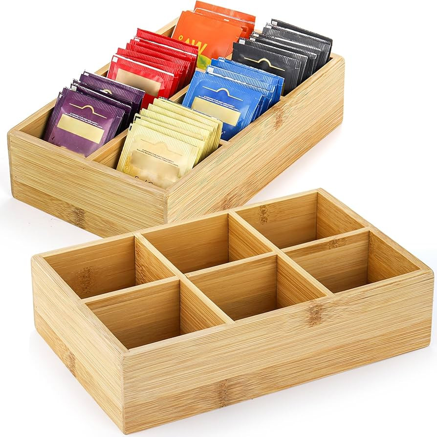 Dicunoy 2 Pack Bamboo Tea Bag Organizer, Wood Hot Tea Bag Drawer Storage Organizer Holder with 6 ... | Amazon (US)
