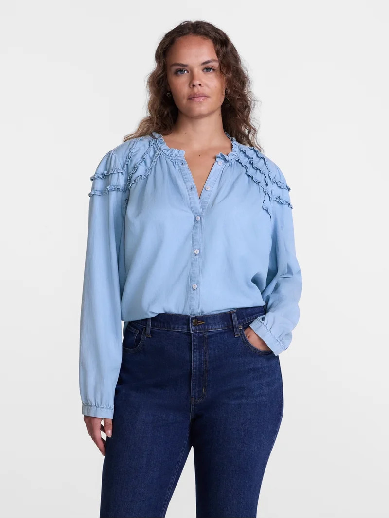 Scenario Women's and Women's Plus Ruffle Shoulder Top with Long Sleeves, Size XS-4X | Walmart (US)