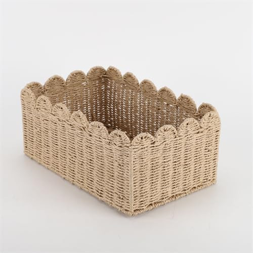 Scalloped Edge Decor Storage Baskets - Hand Woven Scalloped Edge Paper Rope Baskets for Organizing - Natural Design for Shelves - Ideal for Home Organization(13.98 * 8.86 * 6.3Inches) | Amazon (US)