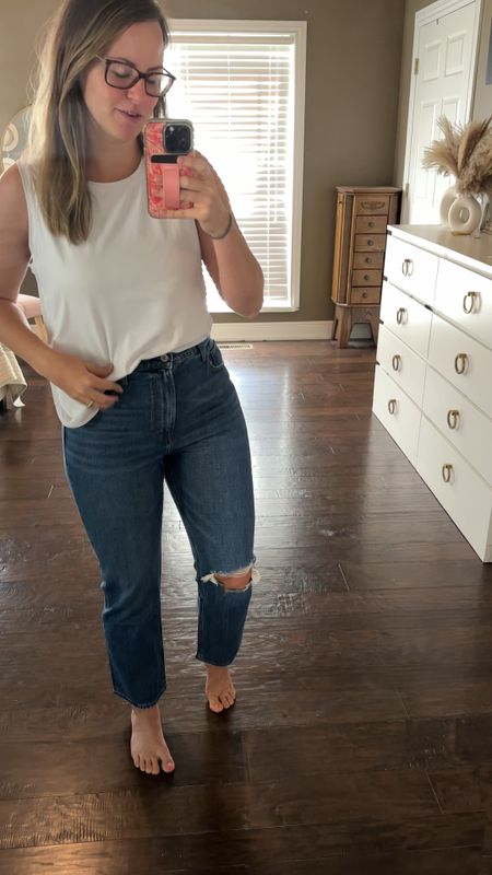 Abercrombie Jean tryon + first impression! Absolutely LOVE!!! I was worried about ordering jeans online but SO happy with the fit, quality and look of these jeans. Idk why it took me so long to try a pair! 
This is their CURVE LOVE ultra high rise ankle straight Jean in medium destroy. It comes in lots of washes and non distressed options too. 

#LTKfindsunder100 #LTKSeasonal #LTKVideo