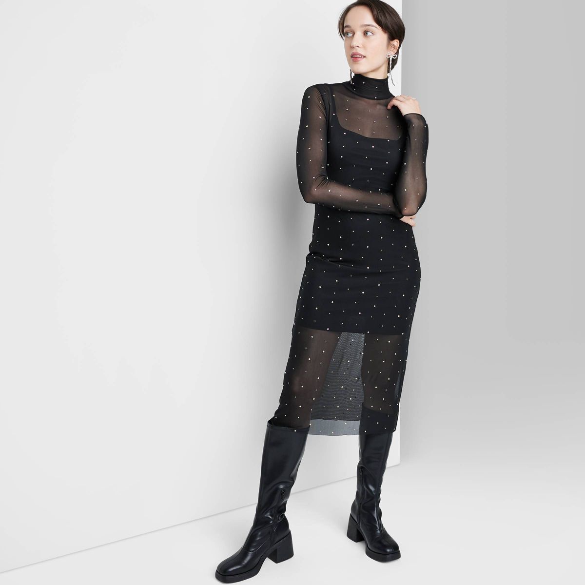 Women's Long Sleeve Rhinestone Mesh Midi Dress - Wild Fable™ Black XXS | Target