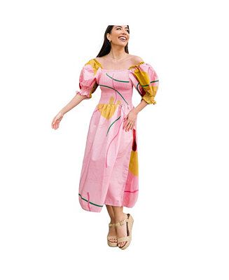 Jessie Zhao New York Valentina Abstract Smocked Pink Midi Dress - Macy's | Macy's