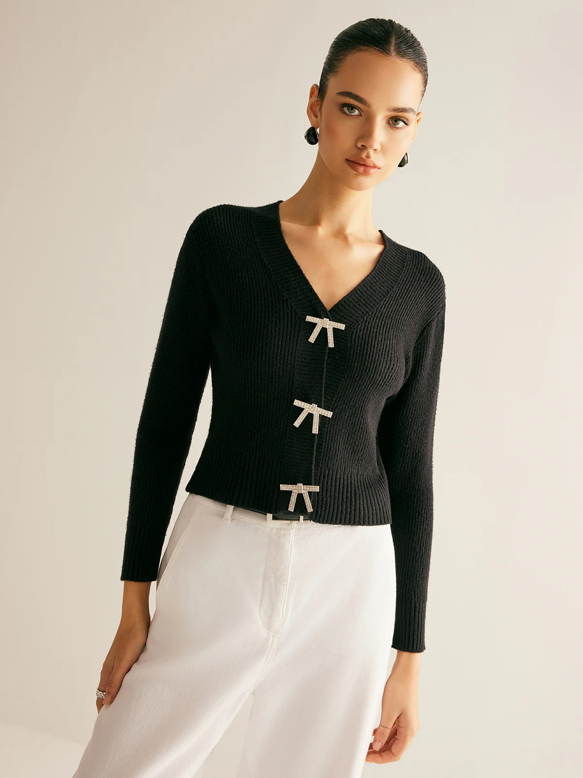 Ribbed Rhinestone Bow Slim Cardigan | Commense