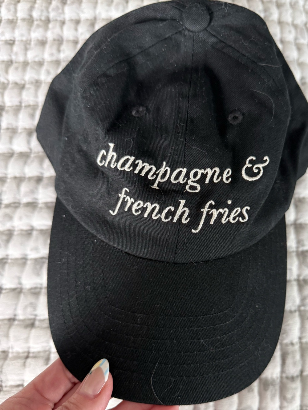 kate spade Black Baseball Cap with White Embroidered "champagne & french fries" | Poshmark