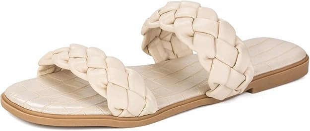LACUONE Braided Flat Slide Sandals for Women Slip On Square Open Toe Woven Strap Sandals | Amazon (US)