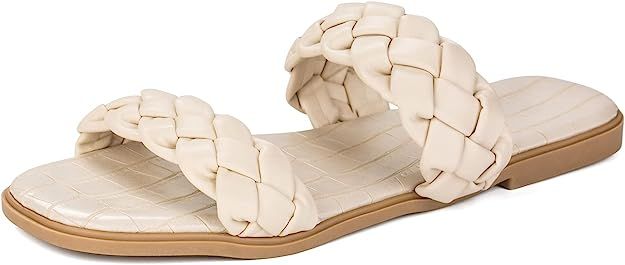 LACUONE Braided Flat Slide Sandals for Women Slip On Square Open Toe Woven Strap Sandals | Amazon (US)