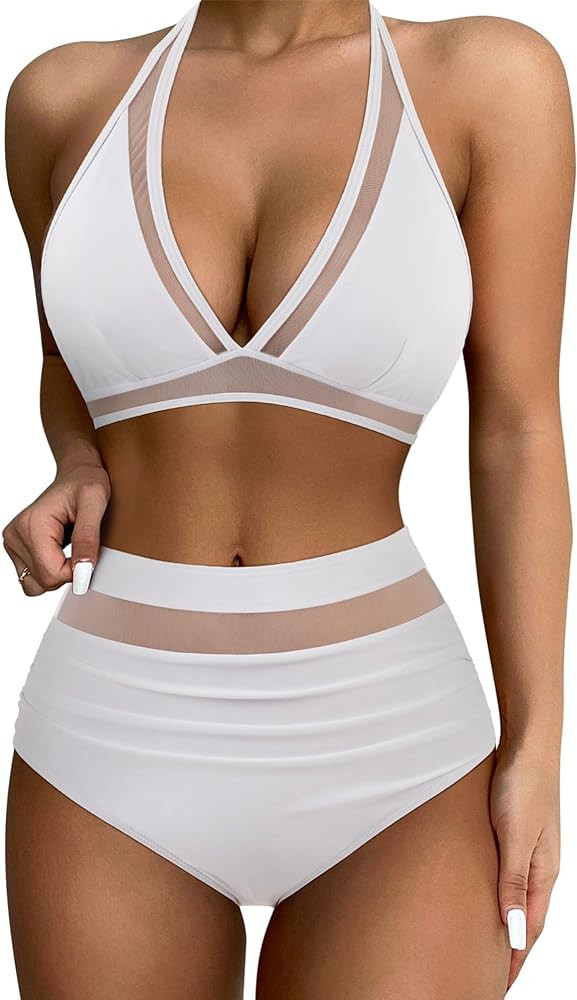 SUUKSESS Women Sexy High Waist Bikini Sets Mesh Tummy Control 2 Piece Swimsuits | Amazon (US)