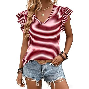 JUSTFASHIONNOW Womens Summer Tops Striped T-Shirts Ruffle Short Sleeve V Neck 2026 Casual Tee Tre... | Amazon (US)