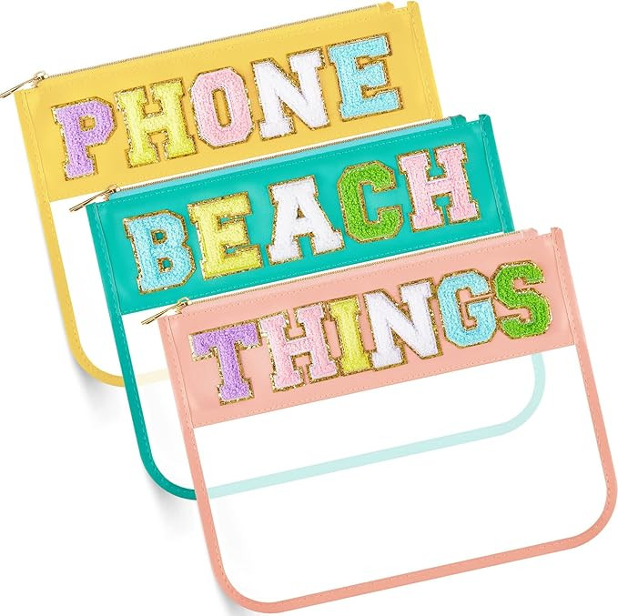 3 Pcs Chenille Letter Clear Zipper Pouch for Travel Waterproof Cosmetic Pouch Clear Snack Bags Ny... | Amazon (US)