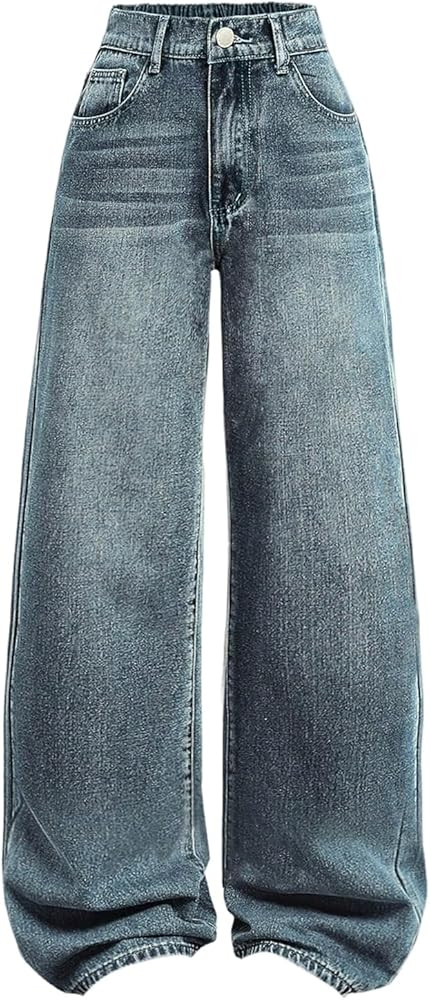 GORGLITTER Girl's Baggy Wide Leg Jeans Cute Elastic High Waisted Denim Pants Bottoms with Pockets | Amazon (US)