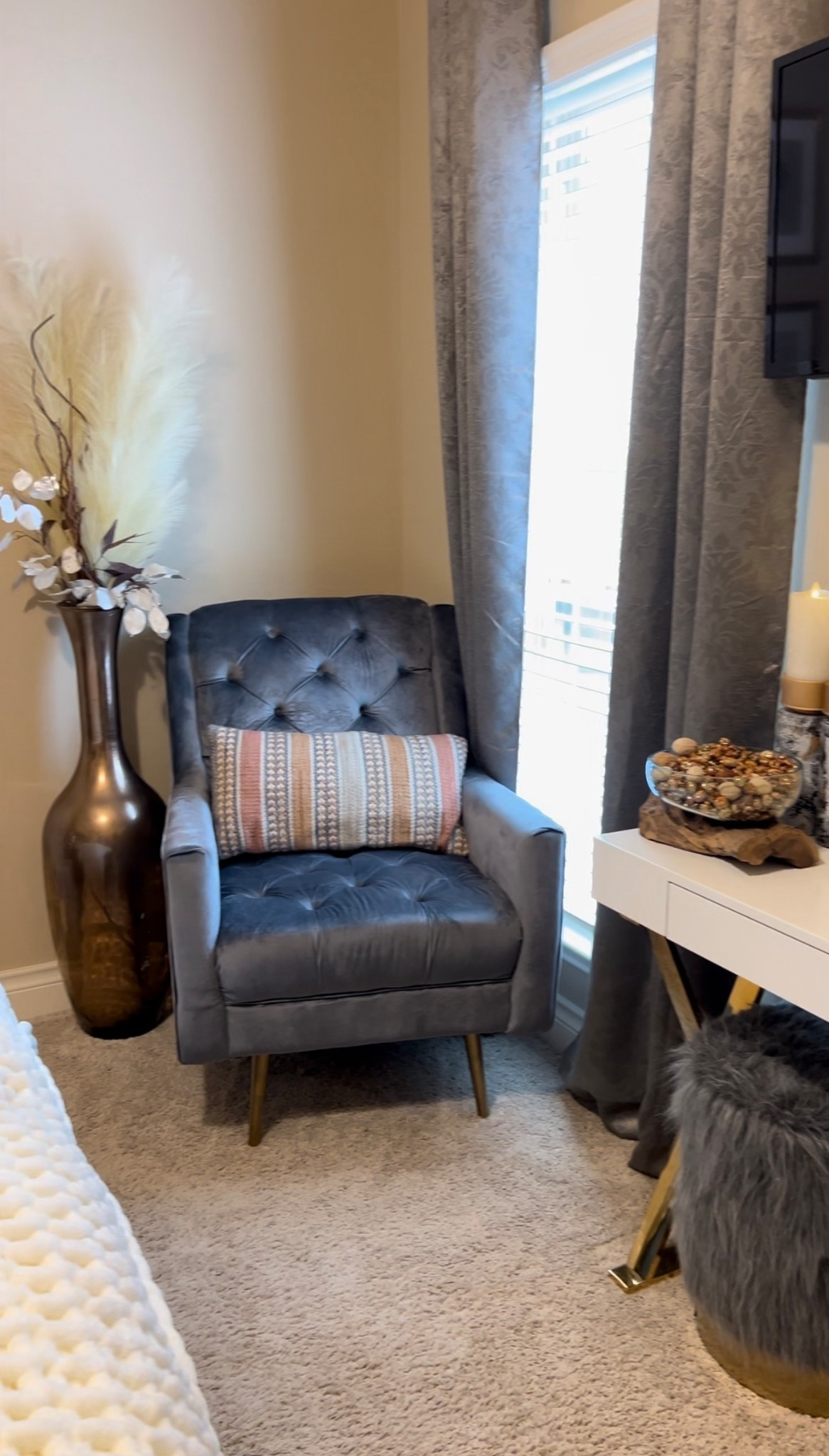 This grey velvet chair is the perfect addition to any bedroom, office or living room. It looks luxe and adds extra seating  

#LTKHome #LTKSeasonal