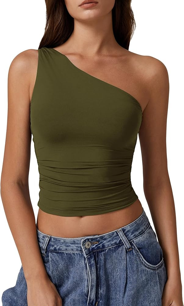 QINSEN Women's One Shoulder Tank Tops Double Lined Sleeveless Slim Fit Cropped Tee Shirt Y2k Tops | Amazon (US)