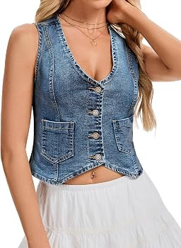 Genhoo Denim Vest Sleeveless Jean Vest Top for Women V Neck Button Down Cropped Denim Top with Po... | Amazon (US)