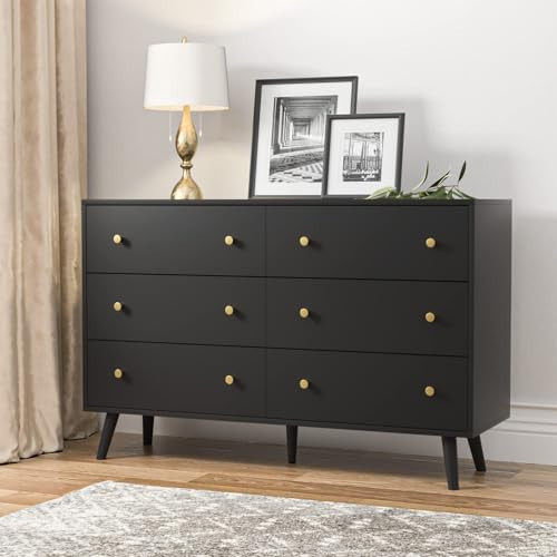 SINROM Dresser for Bedroom, Modern 6 Drawer Dresser, Wide Chest of Drawers with Gold Handles, Wood Double Dresser Storage Cabinet for Living Room, Bedroom, Hallway Black | Amazon (US)
