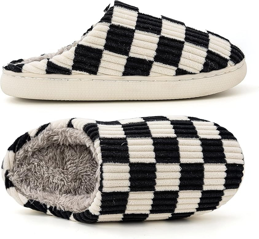Mens House Slippers Plaid Scuff Slides Women Cozy Memory Foam Slipper Slip on Warm Checkered Shoes I | Amazon (US)