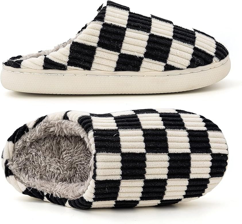 Mens House Slippers Plaid Scuff Slides Women Cozy Memory Foam Slipper Slip on Warm Checkered Shoes I | Amazon (US)