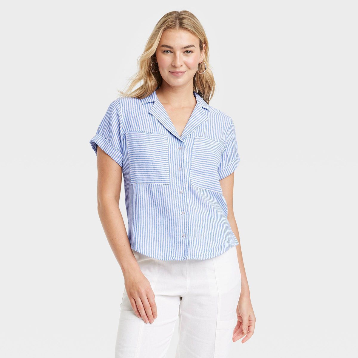 Women's Short Sleeve Collared Button-Down Shirt - Universal Thread™ Blue Striped M | Target