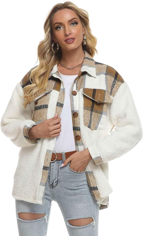 Himosyber Women's Double Side Fleece Sherpa Plaid Lapel Patchwork Shacket Jacket | Amazon (US)