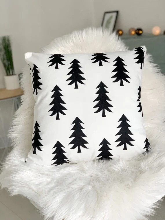 Christmas tree pattern pillow cover - Christmas tree black white pillow - Pine tree decorative pi... | Etsy (US)