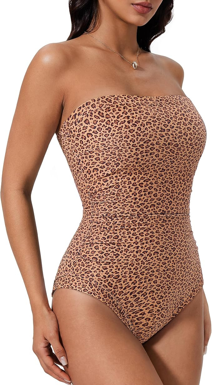 SUUKSESS Women One Piece Tummy Control Swimsuit Strapless Bandeau Bathing Suit | Amazon (US)