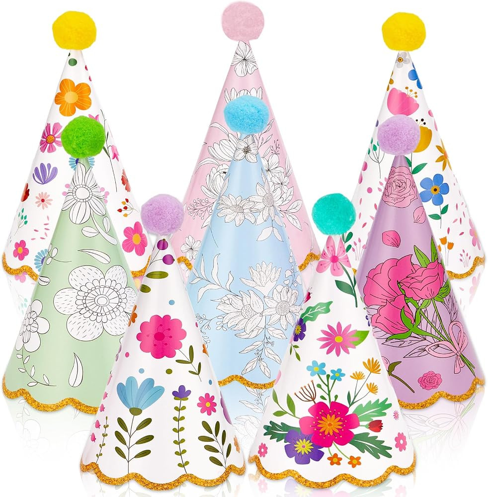 24 PCS Garden Party Hats Bulk with Pompoms Colorful Floral Theme Paper Cone Hats for Kids Happy B... | Amazon (US)