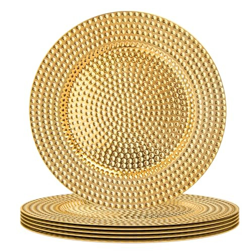 MAONAME 13" Gold Charger Plates Set of 6, Plastic Chargers for Dinner Plates, Electroplated Plate Chargers with Hammer Edge, Round Chargers for Table Setting, Wedding Decor | Amazon (US)