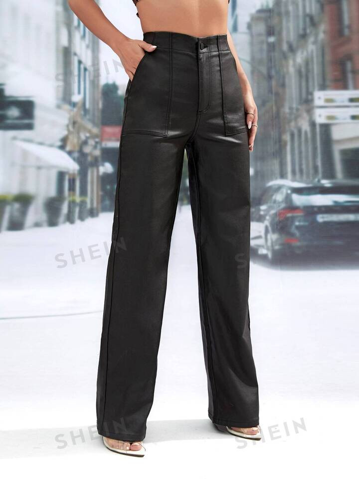 SHEIN Privé High Waist PU Leather Straight Leg Jeans | SHEIN